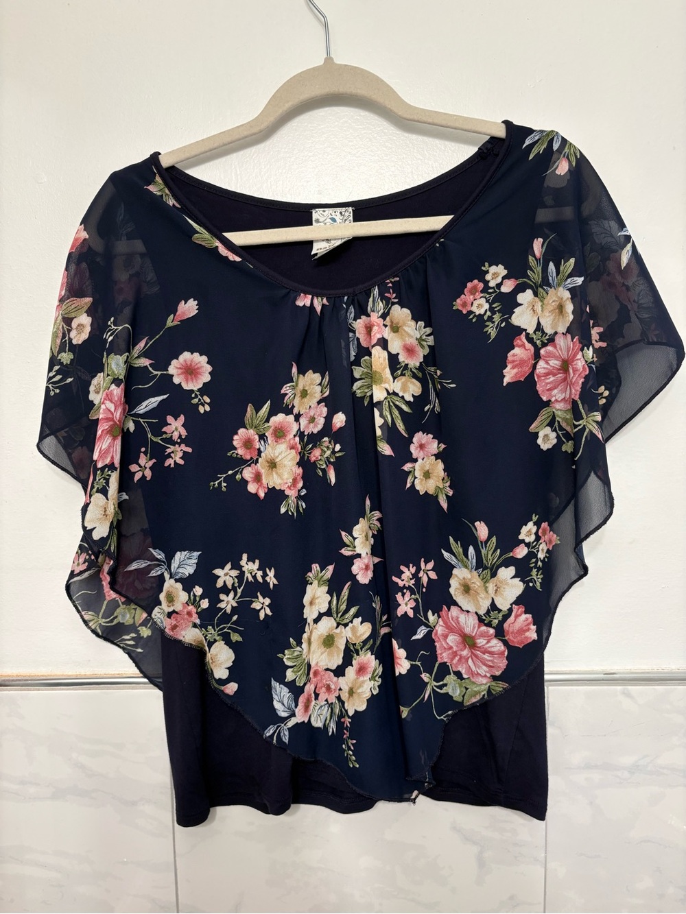 NAIF Navy Floral Chiffon Overlay Top